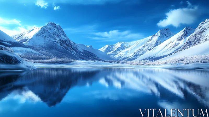 Snow covered mountain range reflected in still lake surface.