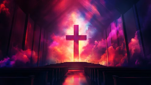 Luminous altar cross bathing a cathedral in cosmic dawn.