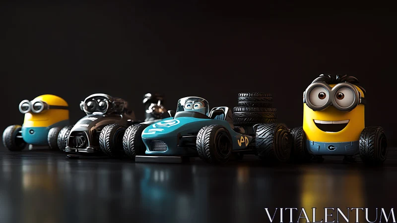 Cartoon racing toys with yellow characters on dark stage.