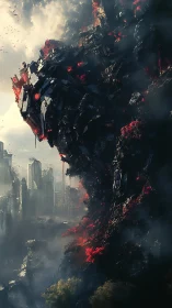 Colossal ember-lit mech colossus looming over ruined city.