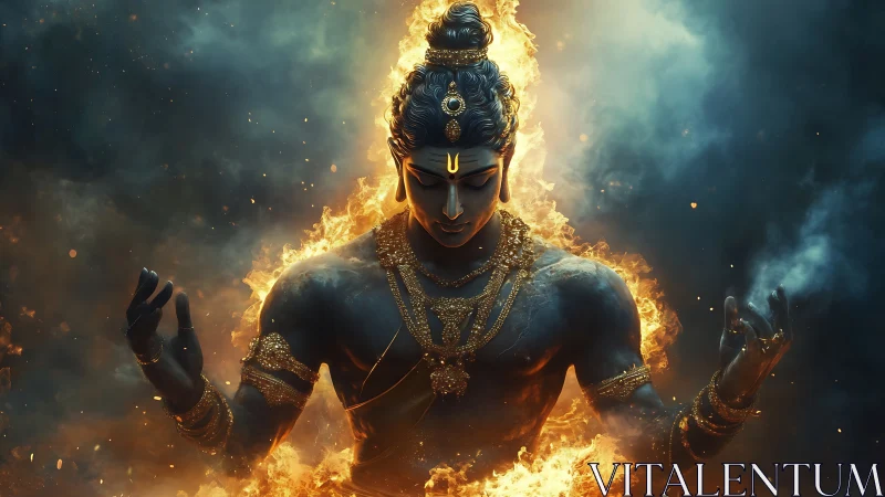 Divine fire deity emerges from swirling cosmic flames in power