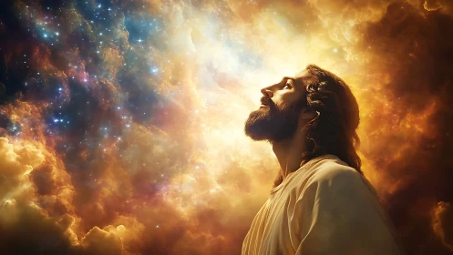 Serene robed figure gazes toward radiant celestial nebula