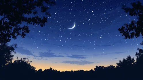 Soft crescent moon smiles over a peaceful starlit forest