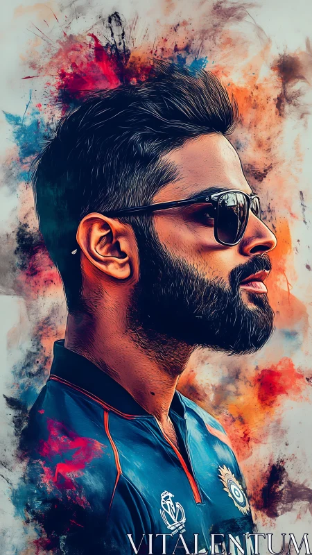 Stylized sports portrait with dynamic watercolor splashes.