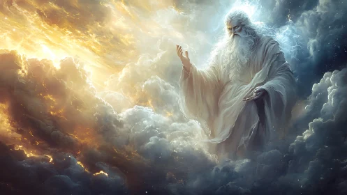 Elderly robed figure seated in glowing storm clouds.