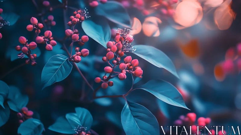 Chromatic macro study of teal foliage and magenta buds.