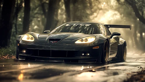 Low-slung black race Corvette charges through misty forest road