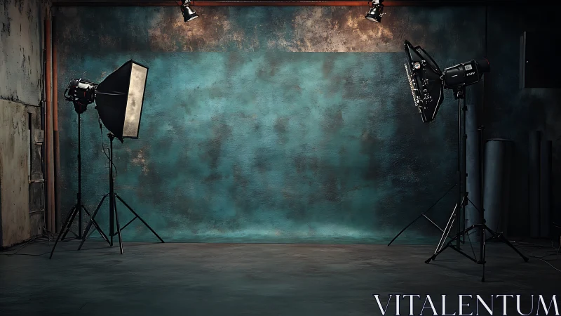 Professional studio set with teal textured backdrop and strobes.