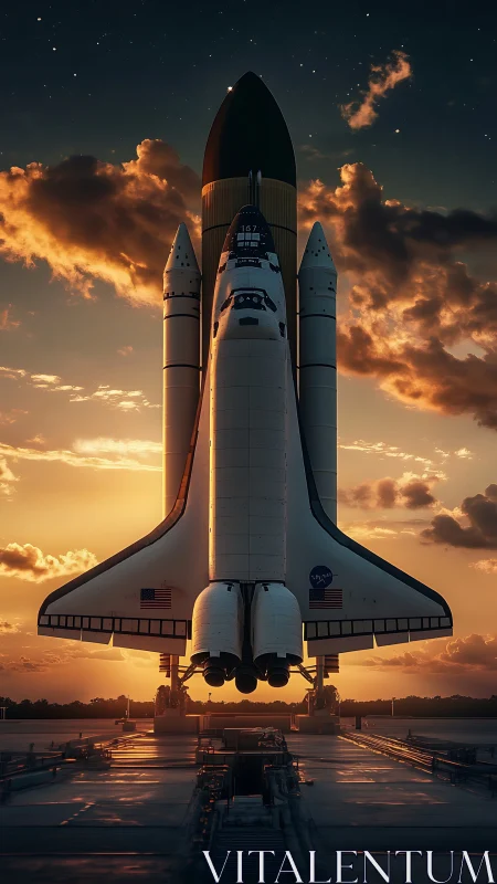 Space shuttle on launch pad at sunset with clouds behind.