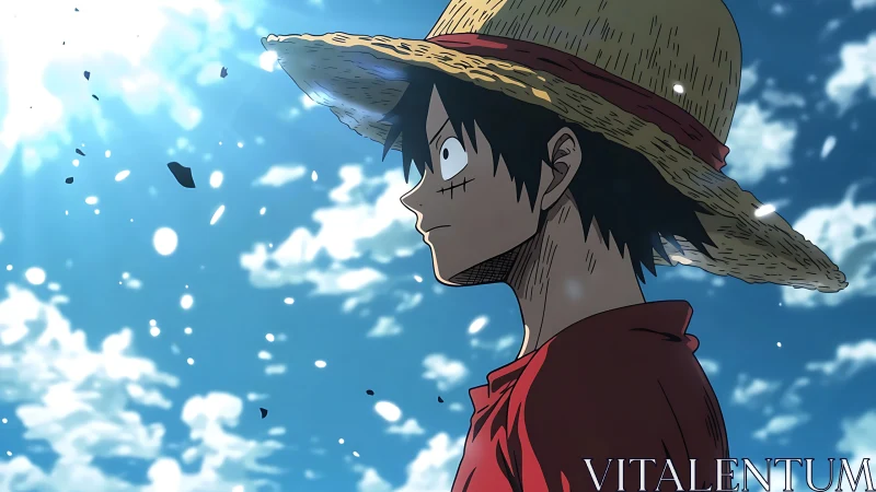 Straw hat anime boy stares ahead under bright sky.