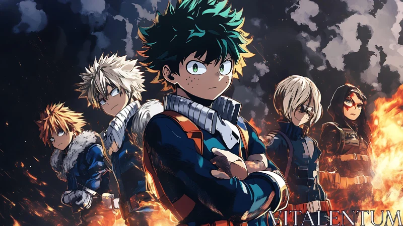 Heroic squad under combustion-cloud sky, anime battle tableau.