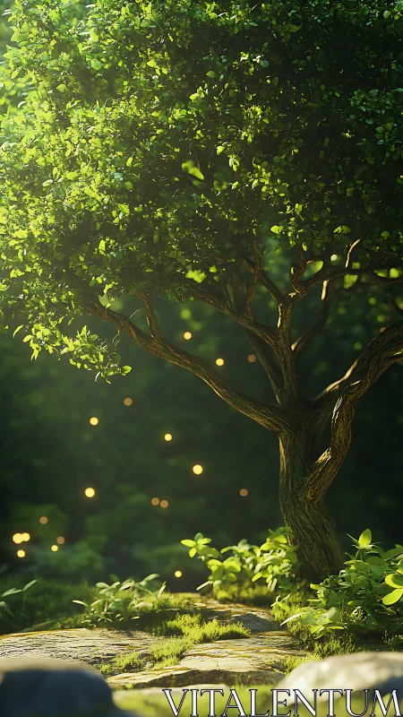 Firefly grove glows beneath a sunlit emerald canopy.