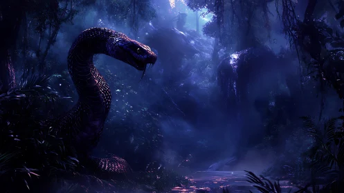 Bioluminescent serpent coils in nocturnal jungle chiaroscuro