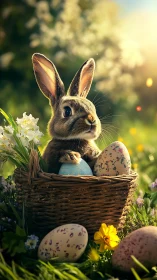 Sunlit spring bunny nestled among colorful Easter eggs.