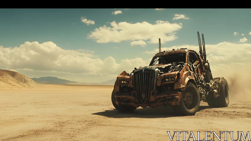 War-torn desert war rig roaring across blazing wasteland.