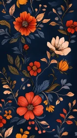 Blooming Garden: Red and Peach Florals Against Deep Navy Background.
