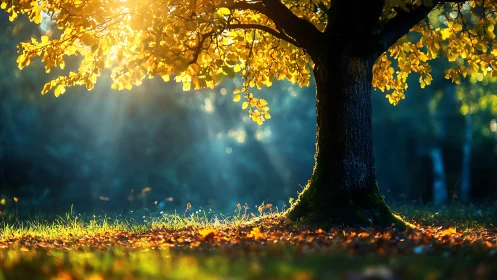 Golden autumn tree glowing in backlit forest sunset.