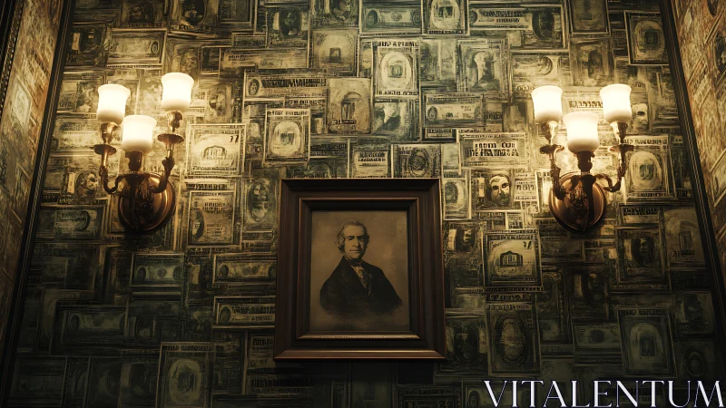 Photorealistic vintage portrait wall with sconce symmetry.
