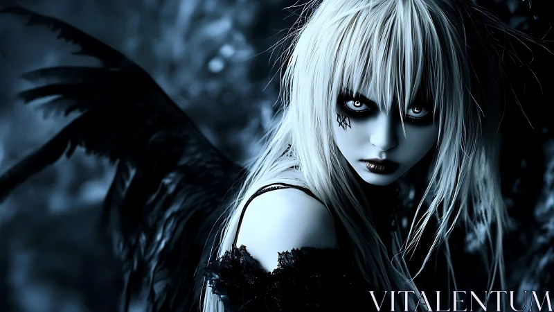 Gothic angelic figure in icy monochrome forest gloom.