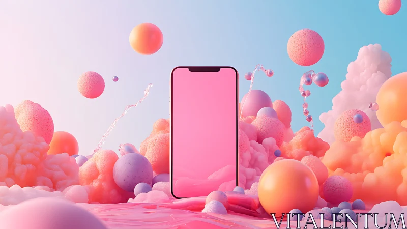 Smartphone stands in pastel 3D bubble landscape scene