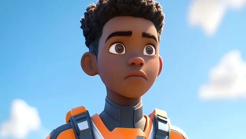 3D stylized boy in orange sci fi suit under sky.