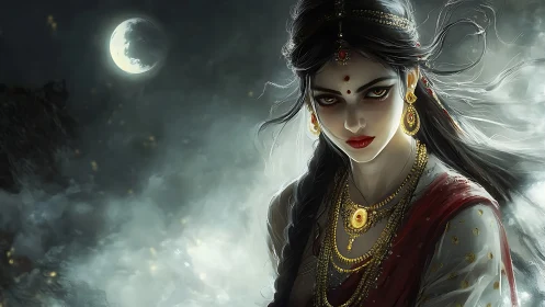 Digital portrait depicts jeweled woman before mist and moon
