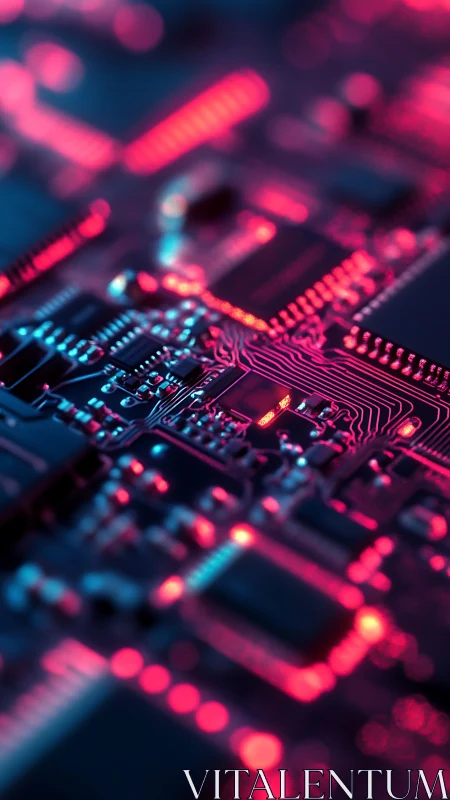 Neon circuitry river glows across a cyberpunk motherboard night.