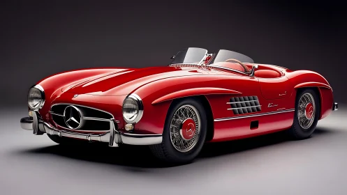 Glossy red classic roadster basking in studio spotlight.