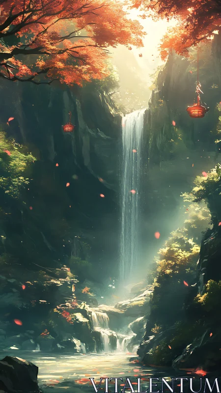 Sunlit forest waterfall with lanterns and falling petals.