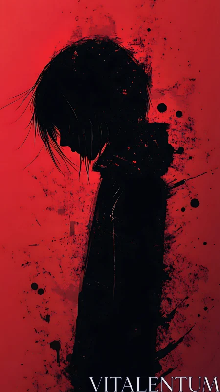 Silhouetted youth profile sinks into blood red splatter field.