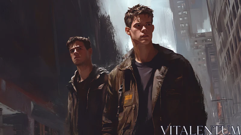 Weathered brothers stride through steel canyons of doubt.