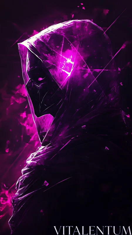 Hooded cyber wraith glows with fractured neon energy.