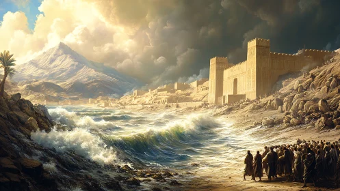 Ancient coastal fortress faces storm-tossed prophetic sea.