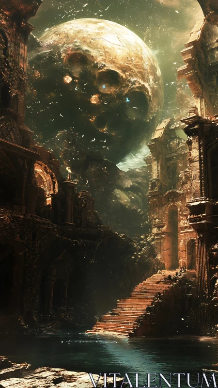 Colossal skull-shaped planet above ancient flooded ruins