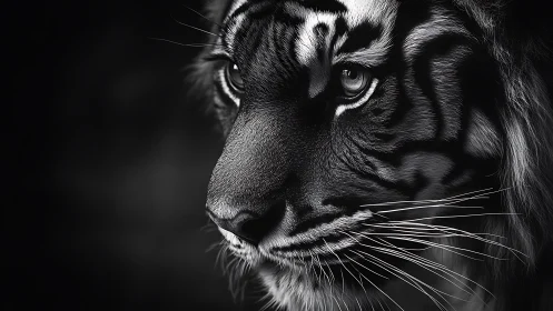 Monochrome tiger portrait with dramatic rim lighting and focus.