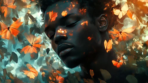 Portrait of person with orange butterflies and abstract light.