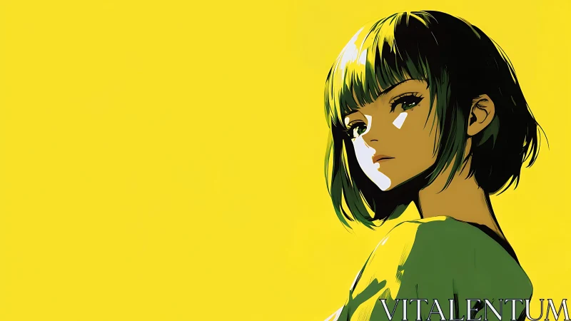 Bold anime portrait on vivid yellow minimalist backdrop.