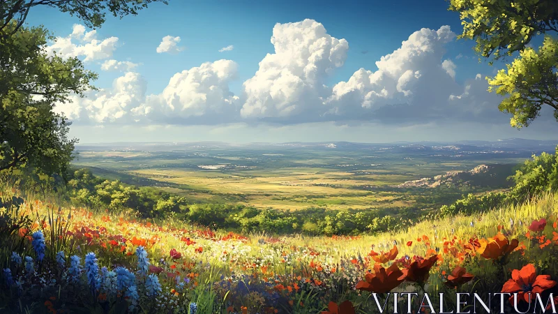 Wildflower valley opens beneath bright clouds and sunlit skies