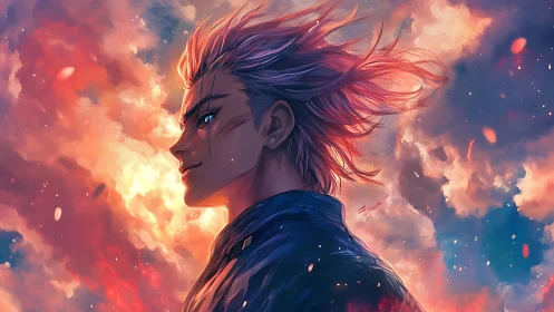 Anime warrior profile against glowing sunset sky.