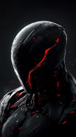 Black armored cyborg helmet with red illuminated fissures
