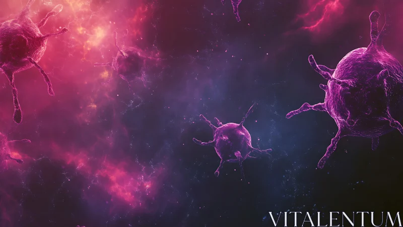 Cosmic virus spheres drifting through neon spacefield.