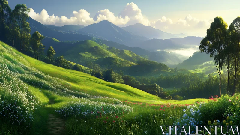 Sunlit green valley with wildflowers and distant mountains.