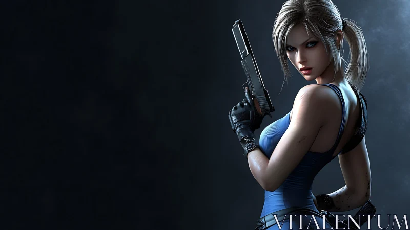 Steely‑eyed cyber agent poised with sleek handgun.