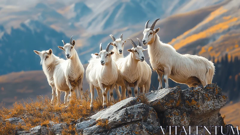 Alpine caprine cohort on lichen-crusted escarpment ridge.
