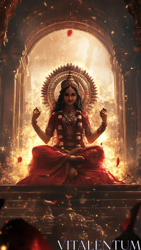 Radiant goddess in red meditates within a glowing temple arch