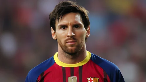 Focused soccer player stands ready in bright striped jersey