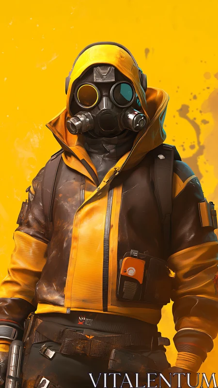 Bold masked wanderer in vivid yellow urban armor stands proud.