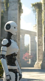 Humanoid robot pauses in sunlit ancient stone courtyard