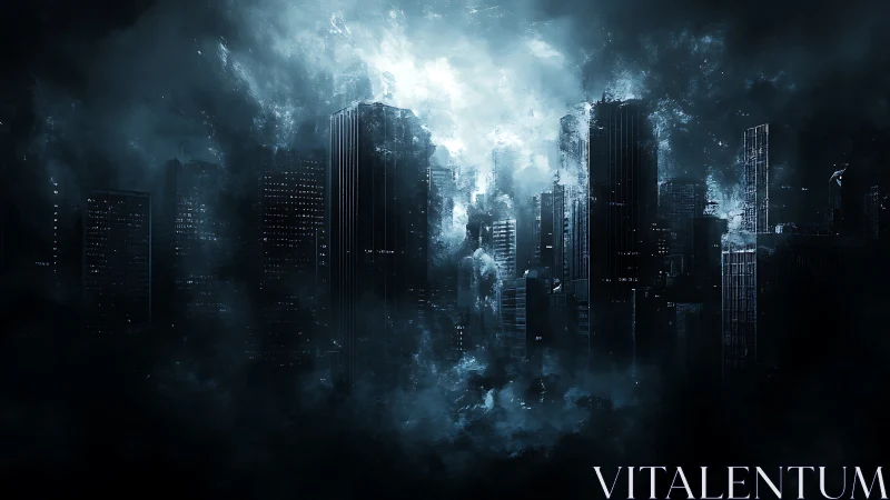 Nocturnal high-rise skyline shrouded in electric storm clouds.