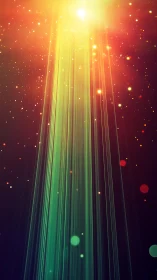 Radiant vertical light beams with cosmic particle field.